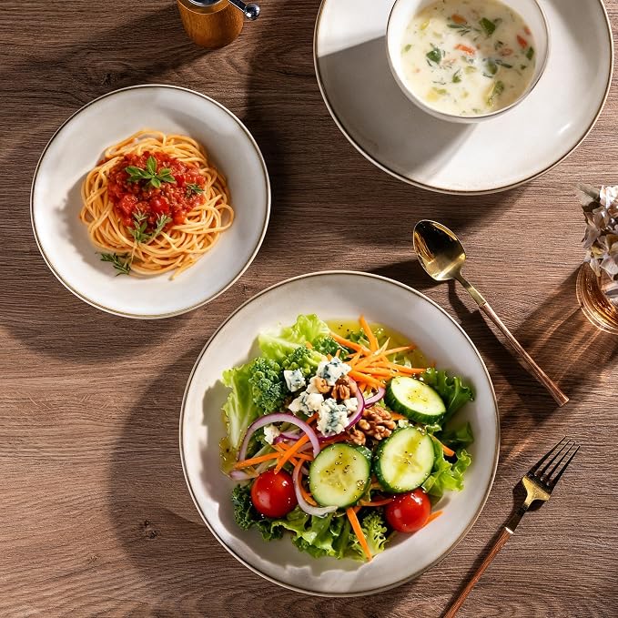 AmorArc Stoneware Dinnerware Sets for 8, 24 Pieces Handpainted Ceramic Plates and Bowls Set, Scratch Resistant Dishes Set, Dishwasher & Microwave Safe, Cappuccino