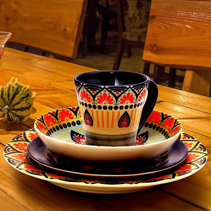 Elama Zen Blue Mozaik Multicolored Round Stoneware Mandala Pattern Dinnerware Set, 16 Piece