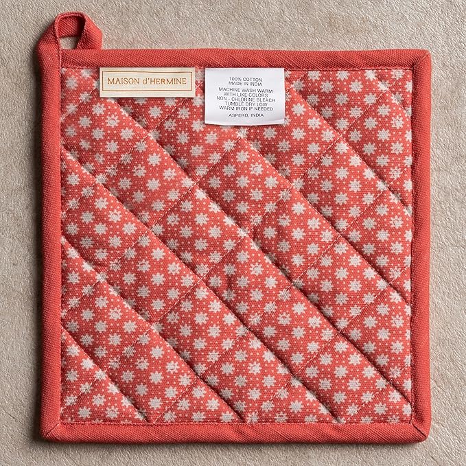 Maison d' Hermine Pot Holders 100% Cotton Heat Resistant Potholders 8" x 8" Hot Pads with Loop BBQ Cooking Baking Gifts for Mothers Day Handling Hot Pans Spring/Summer (Pack of 2, Provence)
