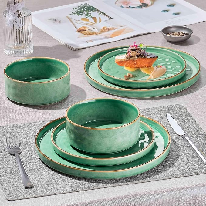 Herogo 12 Pieces Dinnerware Dish Sets for 4, Plates and Bowls Sets for Home Kitchen, Ceramic Dining Dishware, Dishwasher & Microwave Safe, Gemstone Green