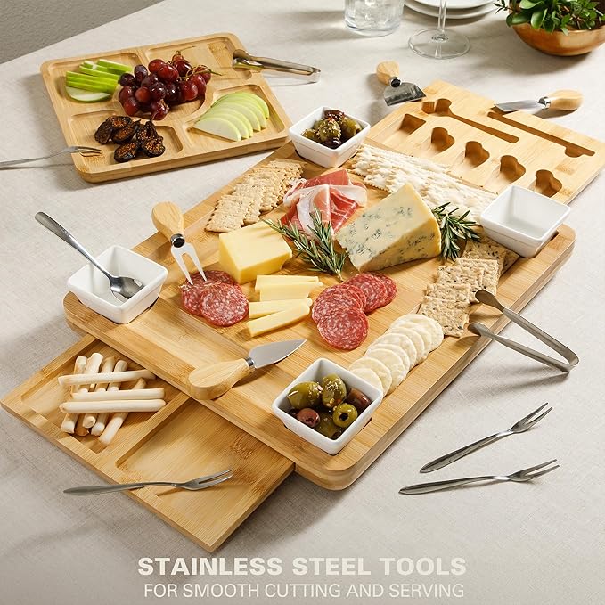 Gibson Home Rustic Inspirations 18-Piece Bamboo Charcuterie Board Set for Serving – Large Cheese & Fruit Tray with Hidden Drawer Ceramic Bowls Utensils – Gift for Entertaining Housewarming Holidays