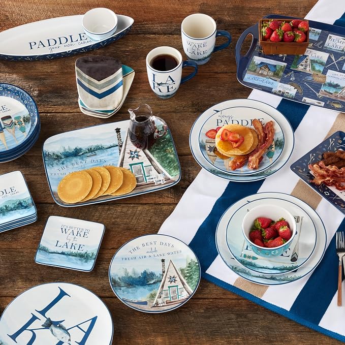 Wake at the Lake 14-Ounce JUMBO Mugs, Set of 4, Lakeside-Inspired Designs with Oars & Water Scenes, Durable Ceramic, Dishwasher & Microwave Safe, Cozy Coffee & Tea Cups for Everyday Use