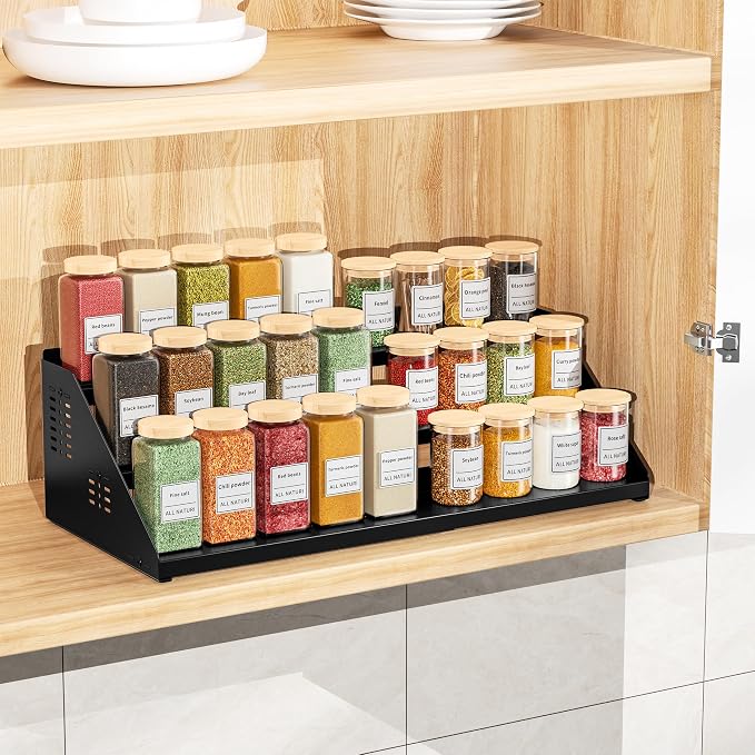 BOIVSHI Spice Organizer, Spice Rack for Expandable 3-Tier, Spice Organization for Cabinet Expandable Width and Adjustable Height, Seasoning Organizer for Cabinet, Countertop, Pantry, Black