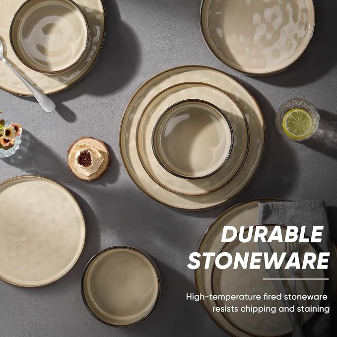 E-far 16-Piece Plates and Bowls Sets with Pasta Bowls - Stoneware Dinnerware Set for 4, Modern Ribbed Dishes, Microwave & Dishwasher Safe, Sandy Khaki