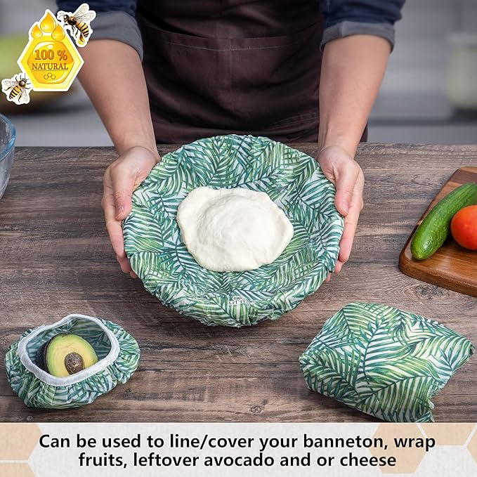 Beeswax Bowl Covers Set of 5 (XS–XL) – Reusable Elastic Food Covers for Bowls – Organic Cotton with Beeswax, Washable & Plastic-Free | Li’l Things – Palm Leaves