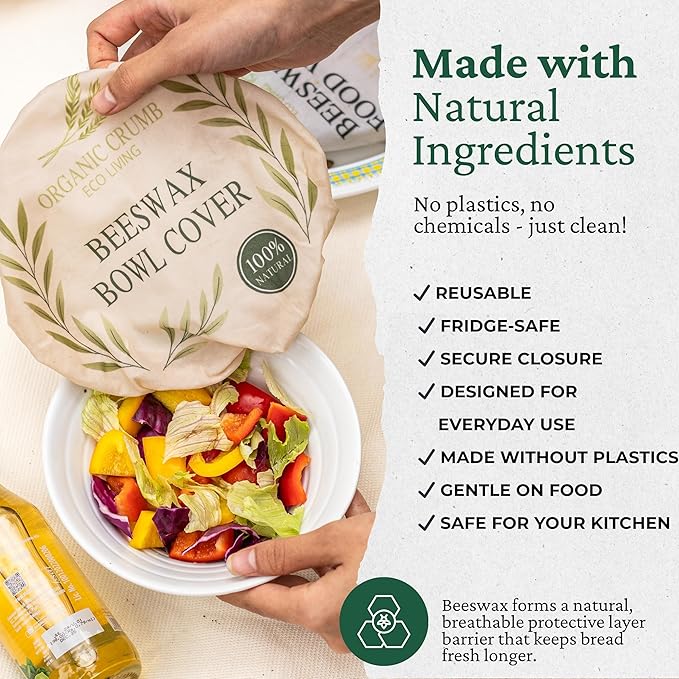Reusable Bread Bags for Homemade Bread (5 in 1) – 2 XL Cotton Beeswax Bags, Reusable Beeswax Wrap, Bowl Cover & Dough Scraper – Eco-Friendly Storage for Sourdough Bread Bags.