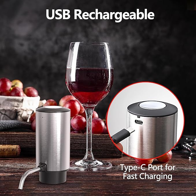 Electric Wine Aerator Wine Decanter Set Rechargeable Automatic Wine Dispenser Wine Pourer with Storage Base, Wine Stopper, Foil Cutter, Retractable Food Grade Stainless Steel Straw