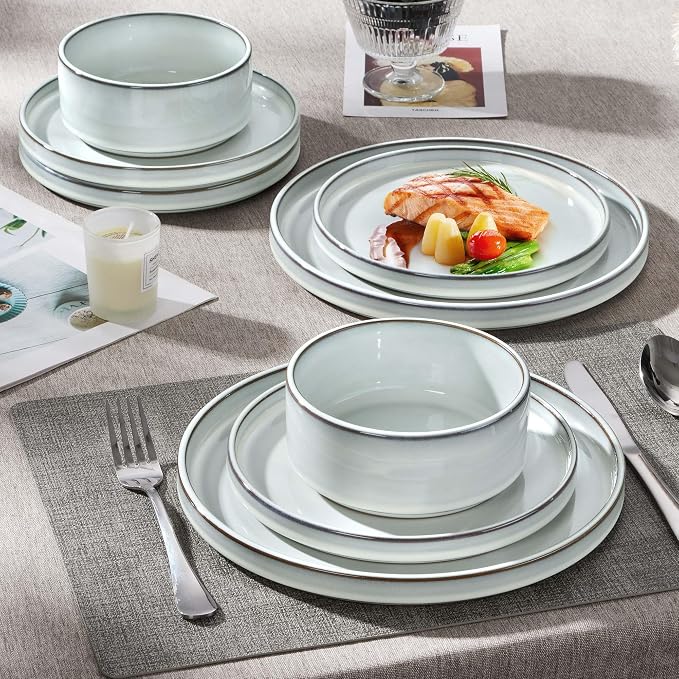Herogo 24 Pieces Stoneware Dinnerware Set for 8, Ceramic Dinner Dishware Sets for Home Kitchen, Plates and Bowls with Rustic Terracotta Bottom, Dishwasher & Microwave Safe, Icy White