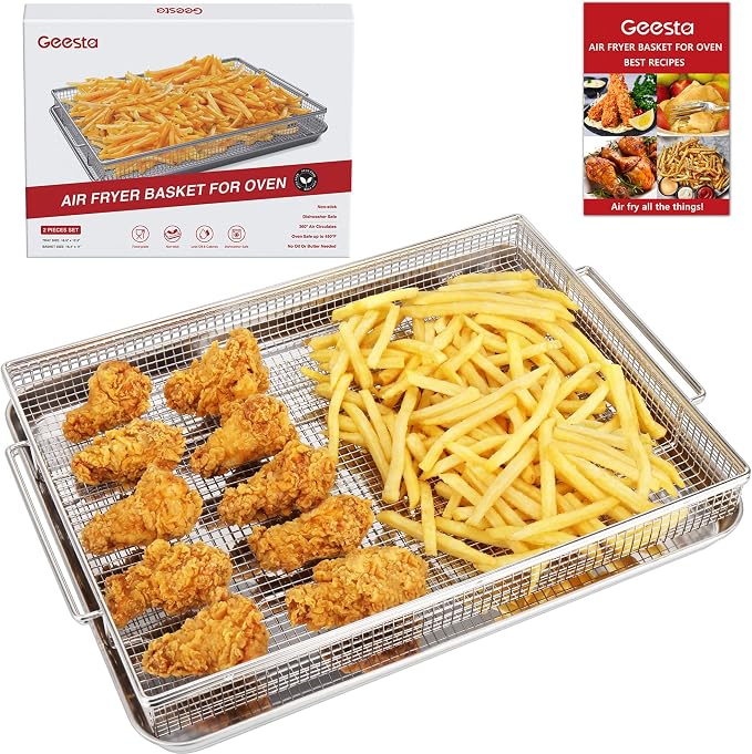 Geesta 304 Stainless Steel Air Fryer Basket for Oven with 50 Recipes, 16.5” x 12.5” Extra Large Air Fryer Tray and Pan, Air Fryer Rack, Crisper Basket &Tray, Air Fryer Oven Accessories