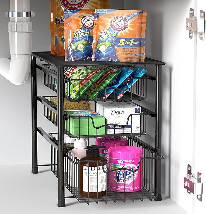 Simple Houseware 3 Tier Basket Drawer + Cabinet Pull-Out Shelf