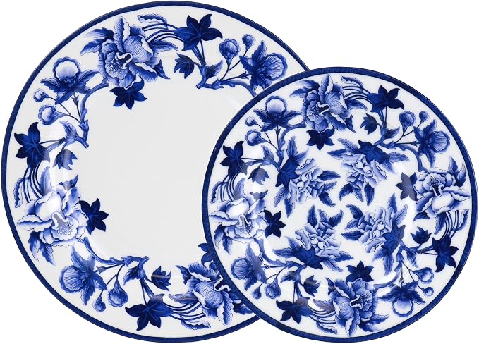 Elama Cattleya Orchid Design 16 Piece Round Porcelain Dinnerware Set in Blue and White, Tableware Set, Service for 4