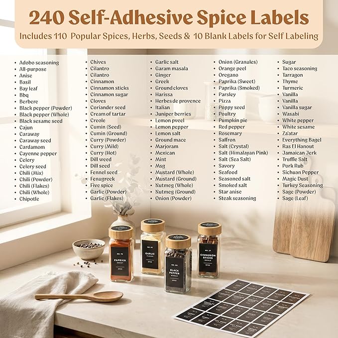 EDELHAUS Square Glass Spice Jars (24 x 4oz) with Bamboo Lids + Magnetic Spice Rack for Refrigerator (Fits 12 Jars) + Bonus Slim Auxiliary Rack, 240 Labels, Shaker Inserts, Funnel