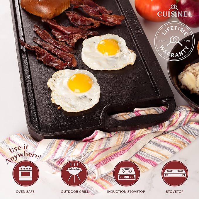Cuisinel Cast Iron Griddle/Grill + Scraper/Cleaner - Reversible Pre-Seasoned 20" X 10"-inch Dual Handle Flat Skillet and Griller Pan + Cleaning Accessories - Indoor/Outdoor Stove Top Burner, Gas Safe