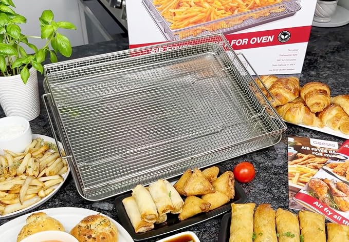 Geesta 304 Stainless Steel Air Fryer Basket for Oven with 50 Recipes, 16.5” x 12.5” Extra Large Air Fryer Tray and Pan, Air Fryer Rack, Crisper Basket &Tray, Air Fryer Oven Accessories
