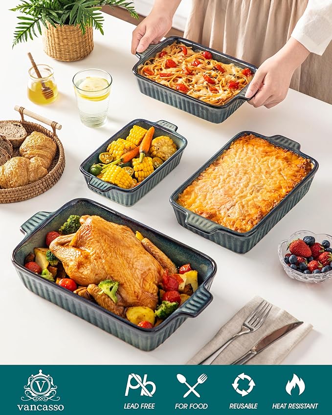 vancasso Ceramic Casserole Dishes for Oven, Reactive Glaze Bakeware Set of 4, Deep Rectangular Baking Dishes with Handles, Lasagna Pan Set, Microwave & Dishwasher Safe, Green (9.4"/11.1"/12.2"/14.7")