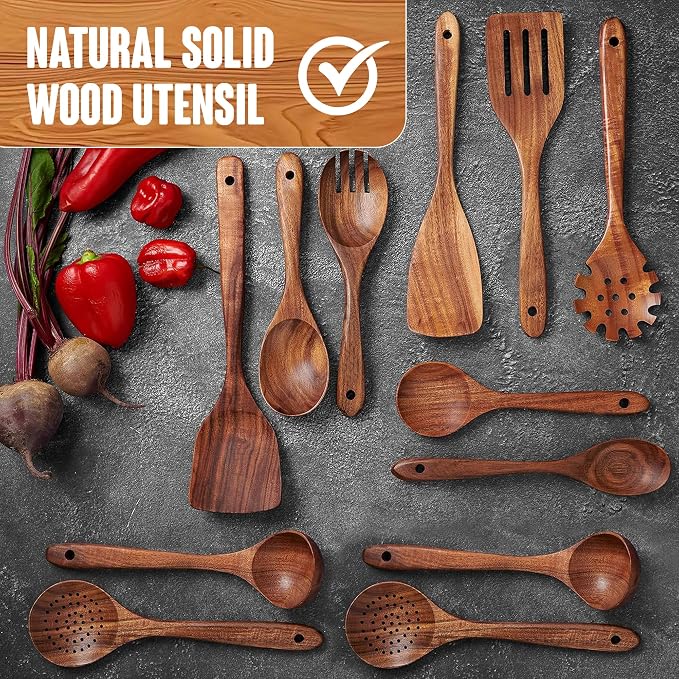 Wooden Spoons for Cooking, 11 PCS Teak Wood Utensil Set with Holder – Heat Resistant, Nonstick Safe, Smooth Finish, Lightweight & Durable Kitchen Tools
