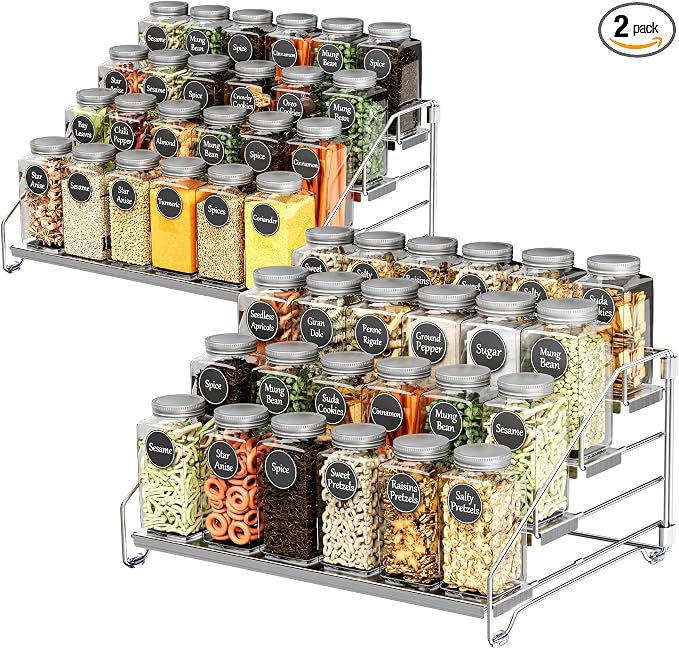 BOIVSHI Heavy Duty Spice Rack for Cabinet, Space Saving 4 Tier Spice Organization for Cabinet, Adjustable Depth Spice Shelf for Cabinet, Counter, Pantry - Chrome, 2 Pack