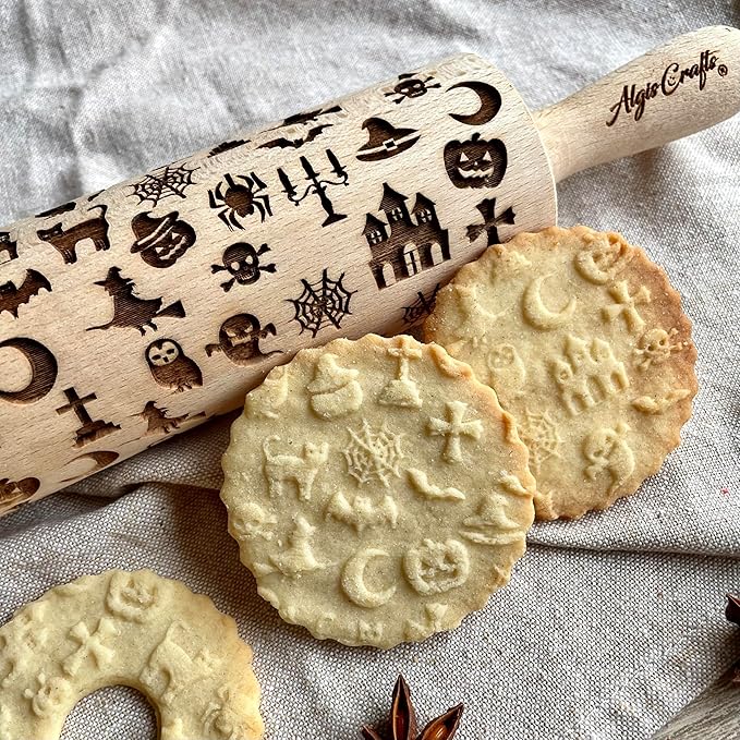 HALLOWEEN Embossing Rolling Pin. Laser Engraved Dough Roller with Pattern - Moon, Owl Spider, Ghost, Pumpkin, Witch. Rolling Pin for Embossing Homemade Halloween Cookies by Algis Crafts