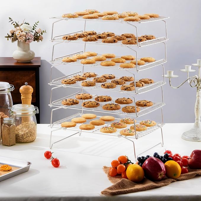 LIANYU Cooling Rack 15"x10", 6-Tier Stackable & Collapsible Stainless Steel Baking Wire Racks for Cooking, Baking, Roasting, Drying, Oven & Dishwasher Safe, Silver
