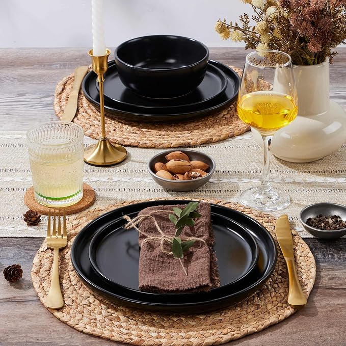 LIANYU 12 Piece Porcelain Dinnerware Sets for 4, Ceramic Durable Plates and Bowls, Chip and Scratch Resistant Dishware Dishes Set, Dishwasher & Microwave Safe Stoneware Set, Black Onyx