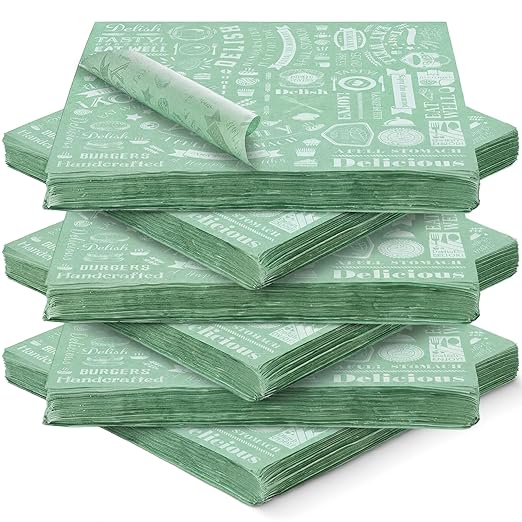 Outus 600 Pcs 12 x 12 Inch Deli Wax Paper Sheets Grease Resistant Tray Basket Liners Newsprint Paper Water and Grease Proof Sandwich Wrapping Square Hot Dog Wrapper for Food Baking (Sage Color)