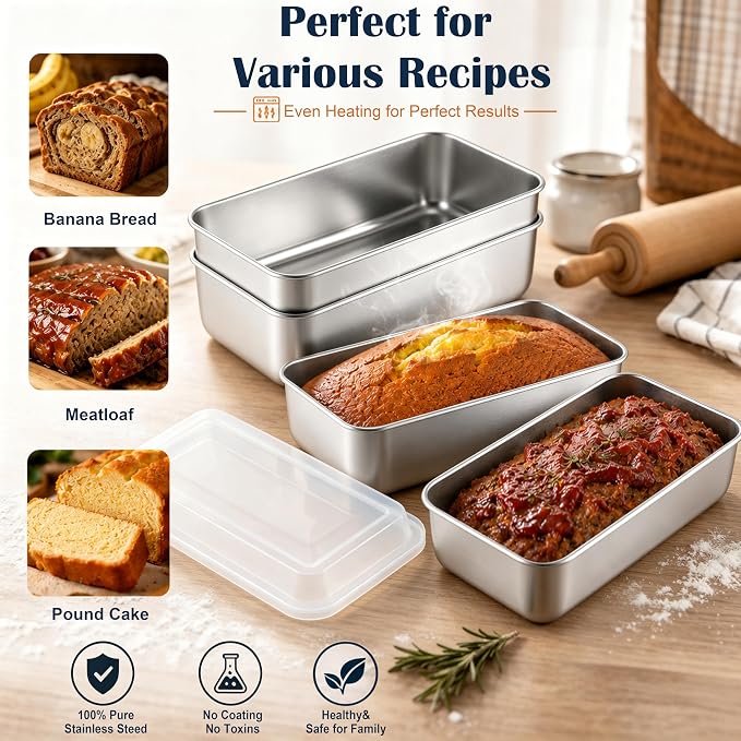 E-far Loaf Pan with Lids, 9 x 5 Inch Stainless Steel Bread Pans for Homemade Bread, Rectangle Baking Tins for Sourdough, Meatloaf, Banana Cake, Nontoxic & Dishwasher Safe - Set of 2