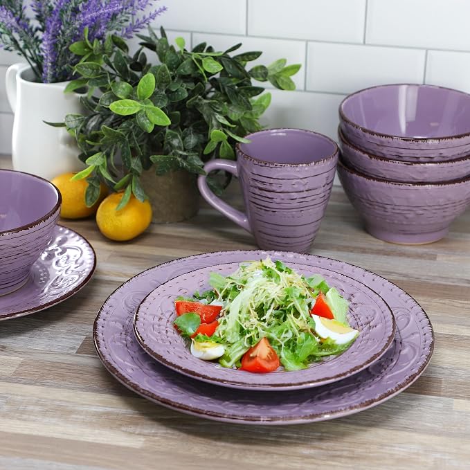Elama Malibu Mica 16-Piece Stoneware Embossed Pattern Reactive Glaze Purple Dinnerware Set, Tableware, Serveware Set (Mica Purple)