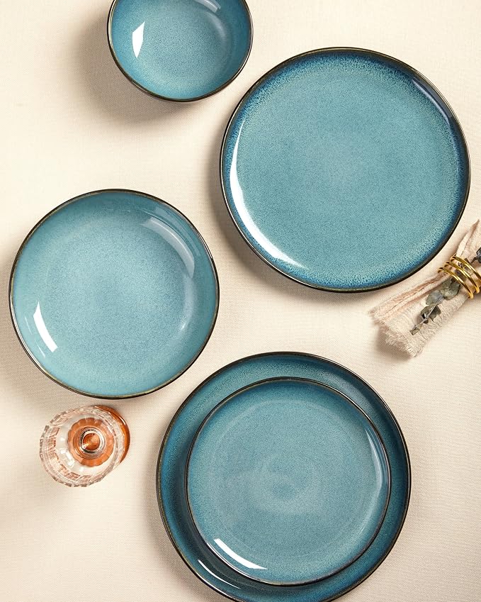 Pokini Extra Large Dinnerware Set for 12, 36 Pieces Ceramic Plates and Bowls Set, Kitchen Dish Set, Microwave & Dishwasher Safe Dishware, Ocean-Inspired Stoneware for Big Gatherings, Green Black