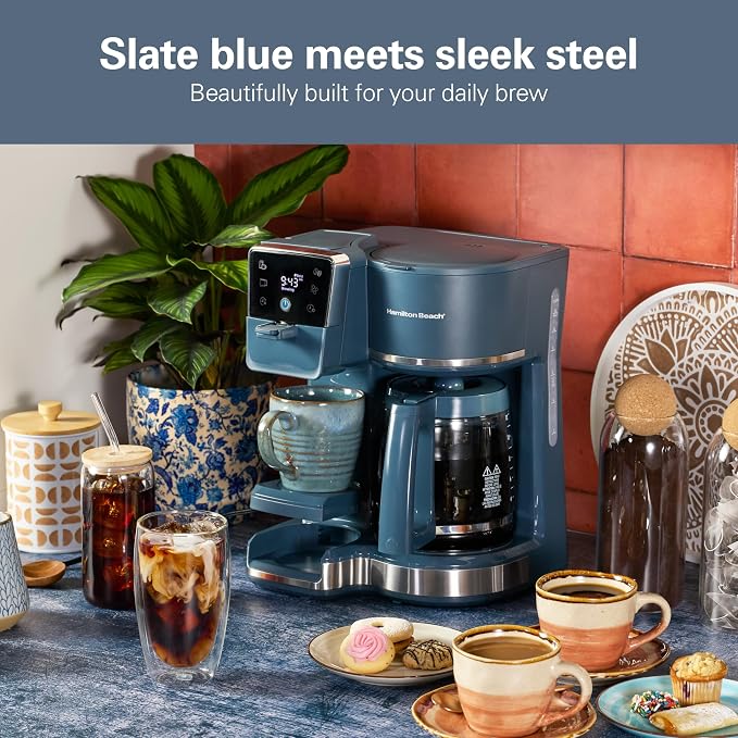 Hamilton Beach 2-Way 12 Cup Programmable Drip Hot and Iced Coffee Maker & Single Serve Coffee Machine, AquaFlow Showerhead, Glass Carafe, Auto Pause and Pour, Kitchen Makeover Blue (47502J)