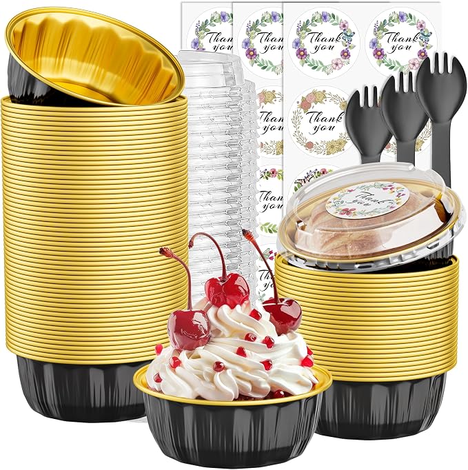 100 Pack 8 OZ Disposable Ramekins with Lids and Spoons Aluminum Foil Cups | Dessert Cups with Lids Disposable Creme Brulee Ramekins Aluminum Foil Muffin Tin Cupcake Baking Cups for Birthday Wedding