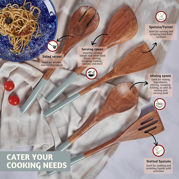 Folkulture Wooden Spoons for Cooking | 12" Premium Acacia Wooden Utensil Set of 5|Pot Holders for Kitchen | Pack of 2 (8x8) Ribbed Soft Silicone Hot Pads for Kitchen |Oven Pot Holders Set