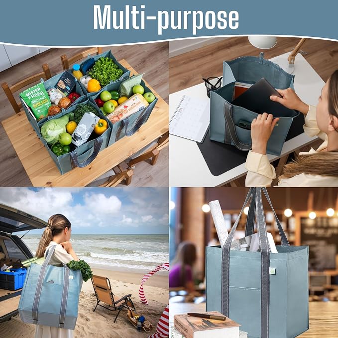 VENO 4 Pack Reusable Grocery Bags, Heavy-Duty Shopping Bags with Handles, Bags for Shopping Cart with Hard Bottom to Stand Upright, Foldable, Multi-Purpose(Light Blue, 4 Pack)