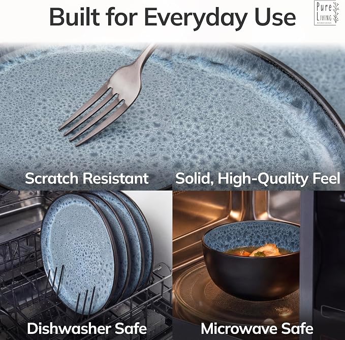 24 Piece Stoneware Dinnerware Set for 6 - Handmade Reactive Glaze Plates and Bowls Set - Chip & Scratch Resistant Dish Set - Dishwasher Microwave Safe - Dark Smoke Blue