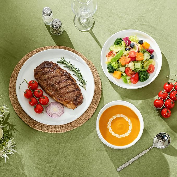 12 Piece Ceramic Plates and Bowls Sets for 4, Elegant White | Stoneware Dinnerware Set, Dishwasher & Microwave Safe, Handcrafted, Perfect for Family and Gatherings
