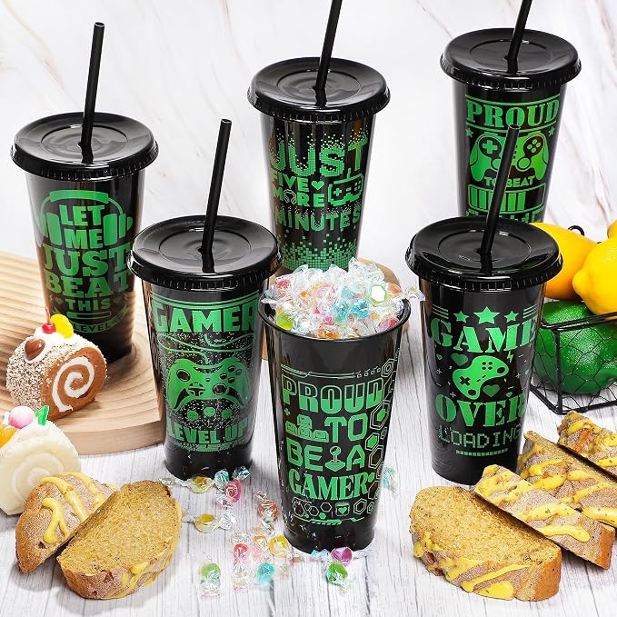 Kochorie 12 Pieces Video Game Plastic Cups 24 Ounces Gaming Party Cups with Lids and Straws Black Green Video Game Tumbler Cups for Birthday Party Video Game Party Supplies Tableware