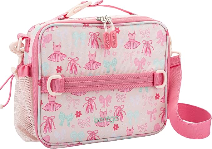 Bentgo Kids Prints Lunch Bag - Double-Insulated, Reusable, for Kids 3+, Adjustable Strap; Holds Lunch Box/Water Bottle/Snacks; Easy-Clean, Water-Resistant, Pockets (NEW Ballet & Bows)
