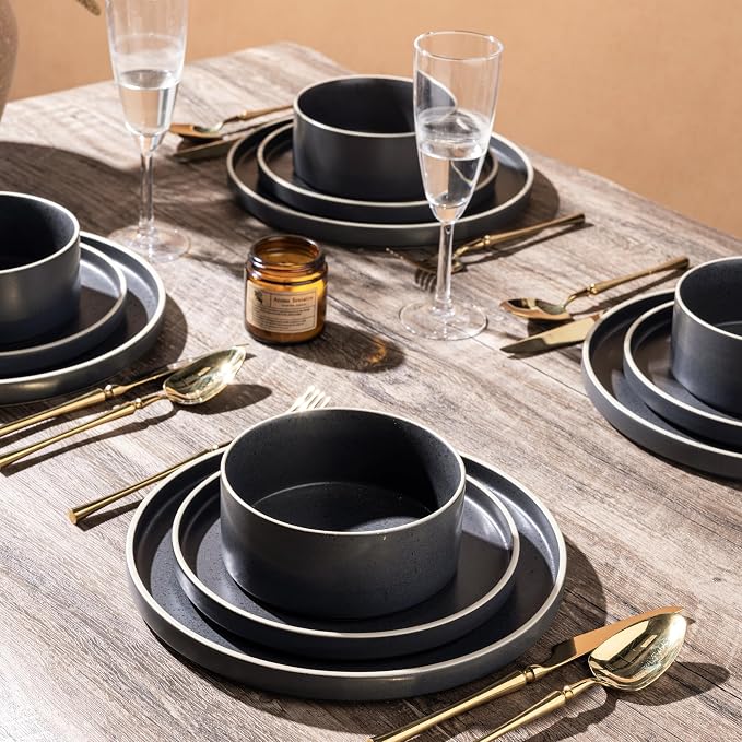 LERATIO Ceramic Dinnerware Sets for 6, High Edge Stoneware Plates and Bowls Set, Chip and Crack Resistant | Oven & Dishwasher & Microwave Safe Dishes Set, Service for 6 -Speckeld Black