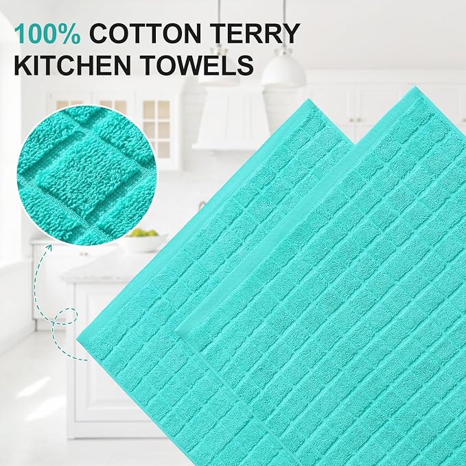 Homaxy Premium Cotton Kitchen Towels 16"x 28", Large Natural Ring Spun 390 GSM Dish Towels, Super Absorbent Terry Kitchen Hand Towels, Soft Tea Towels with Hanging Loop, Pure Aqua Check Design, 4 Pack