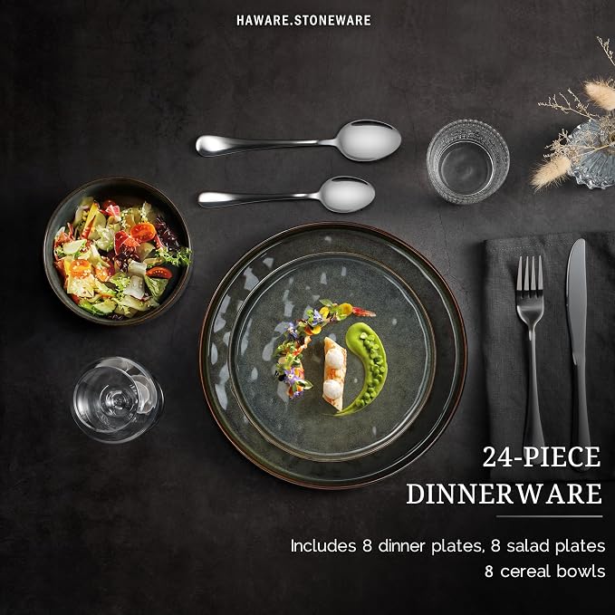 HaWare 24-Piece Dinnerware Set for 8, Reactive Moss Green | Stoneware, Ripple Design, Reactive Glazed, Scratch Resistant, Microwave and Dishwasher Safe