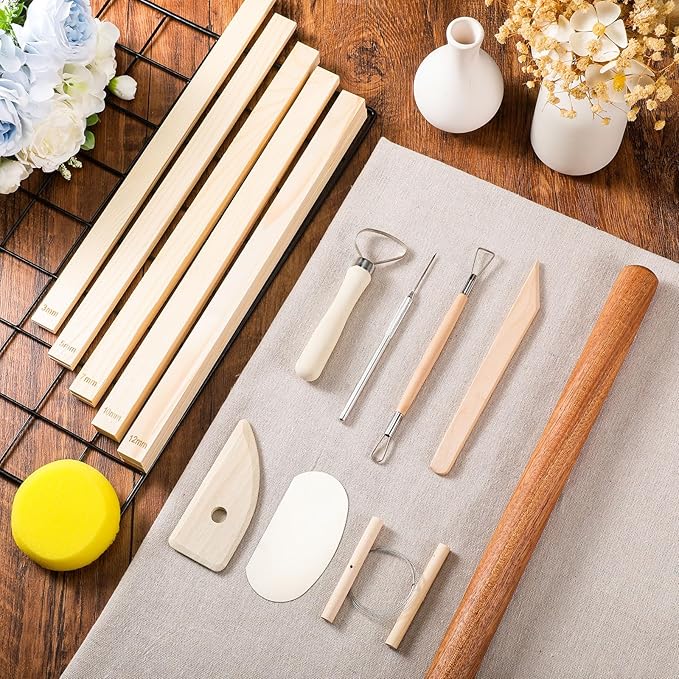 Baderke 20 Pcs Pottery Teaching Set, Includes 1 Wooden Rolling Pin, 10 Pottery Teaching Rolling Mud Stick Guide, 8 Clay Sculpting Tools, 1 Special Linen for Ceramic Clay Making