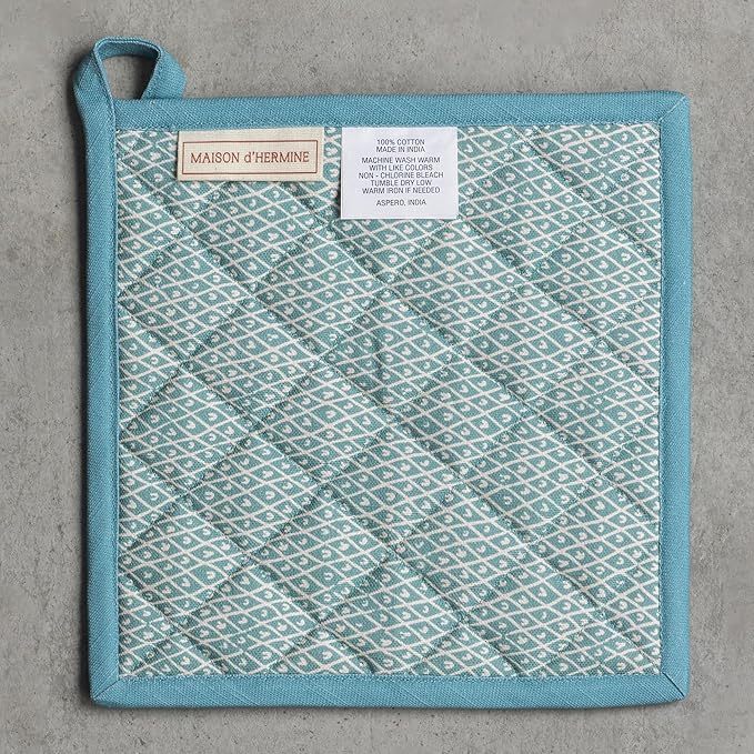 Maison d' Hermine Pot Holders 100% Cotton Heat Resistant Potholders 8" x 8" Hot Pads with Loop BBQ Cooking Baking Gifts for Mothers Day Handling Hot Pans Spring/Summer (Pack of 2, Marquise)