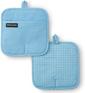 KITCHENAID Gourmet Series Gridlines Pot Holders 2-Pack Set, Heat Resistant up to 600°F, Soft Silicone Grip, Magnetic Cuff, Blue Velvet, 8"x8"