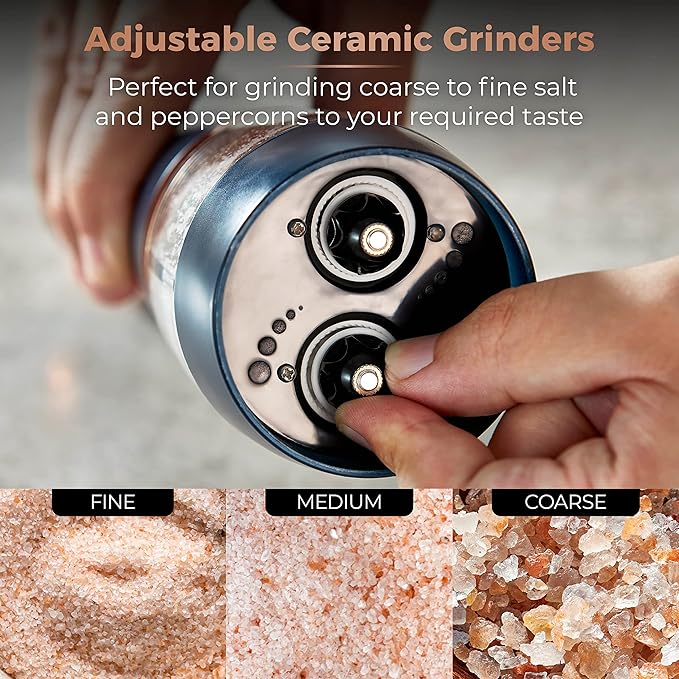 Tower T847004MNB Electric Salt and Pepper Mills, Battery Operated with Adjustable Ceramic Grinders, Midnight Blue and Rose Gold