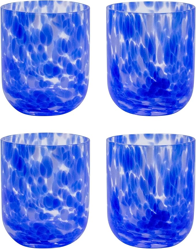 Stephanie Imports Set of 4 Handcrafted Double Old-Fashioned Confetti Drinking Glasses (12 oz) (Ocean Blue & White)