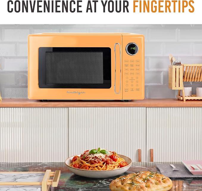 Nostalgia Modern Retro Compact Countertop Microwave Oven - 1.1 Cu. Ft. - 1000-Watts with LED Digital Display - Child Lock - Easy Clean Interior - Orange