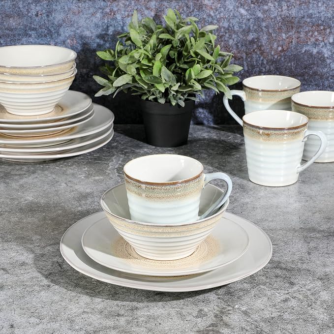 Gibson Elite Spiral 16 Piece Reactive Embossed Dinnerware Set - Taupe