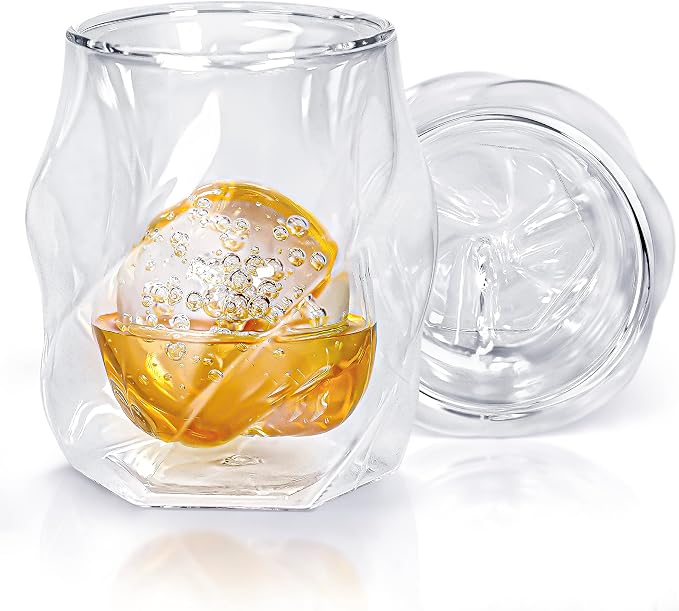 JAMES BENTLEY JB Whiskey Glasses – Double Wall, Hand Blown Borosilicate Glass, Enhances Aroma and Flavor, Premium Quality for Bourbon & Whiskey Tasting — Set of 2 Glasses with 2 Ice Ball Molds