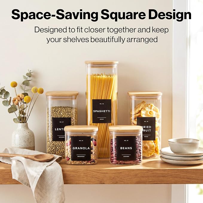 EDELHAUS Glass Storage Containers with Lids - Canister for Pantry Food | Bamboo Lids Black Labels Set of 5 - cereal flour sugar rice coffee tea spice pasta noodles dry goods 54 pre-printed labels