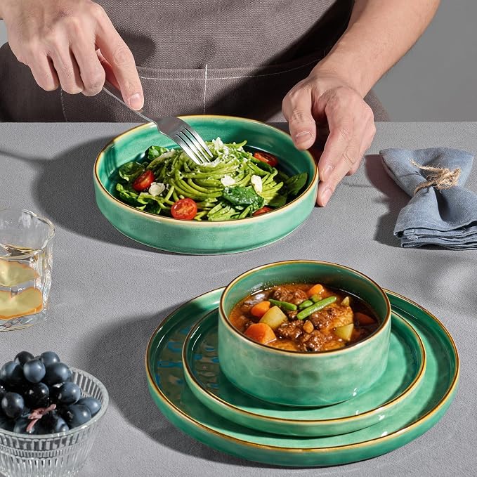E-far 24-Piece Plates and Bowls Sets with Pasta Bowls - Stoneware Dinnerware Set for 6, Modern Ribbed Dishes, Microwave & Dishwasher Safe, Reactive Green