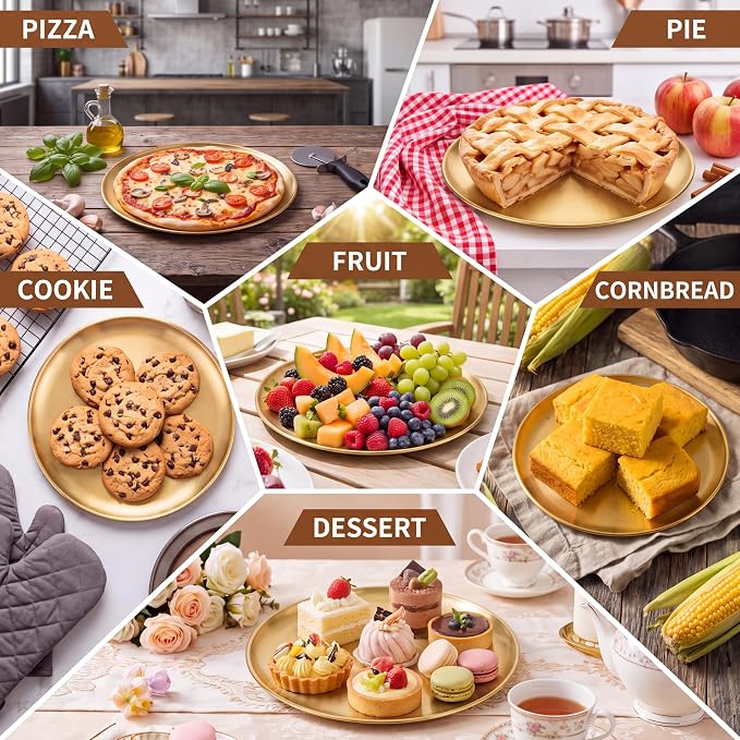 Thenshop 8 Pieces 8 Inch Pizza Pans Bulk Stainless Steel Sets Round Bakeware Pizza Trays for Oven Kitchen Baking Home Restaurant Safe Sturdy Reusable Easy Clean(Gold)